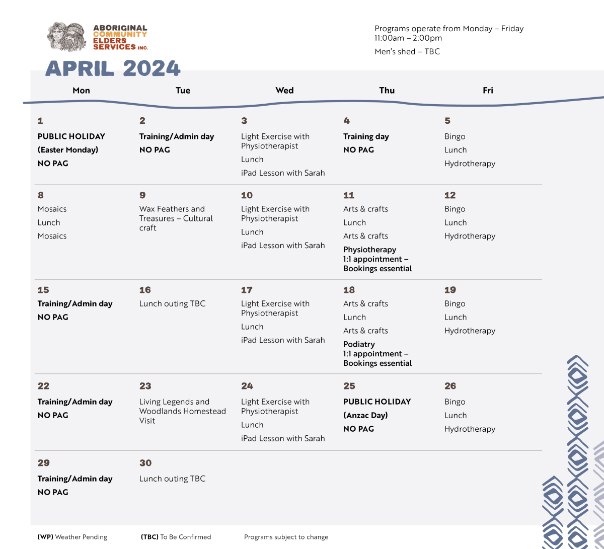 Planned activity group schedule for april and may 2024 aboriginal