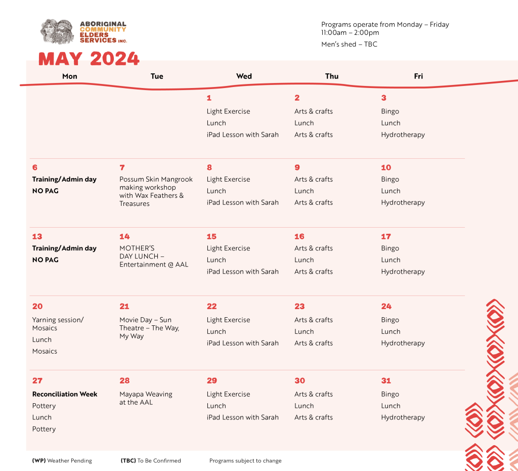Planned activity group schedule for april and may 2024 aboriginal